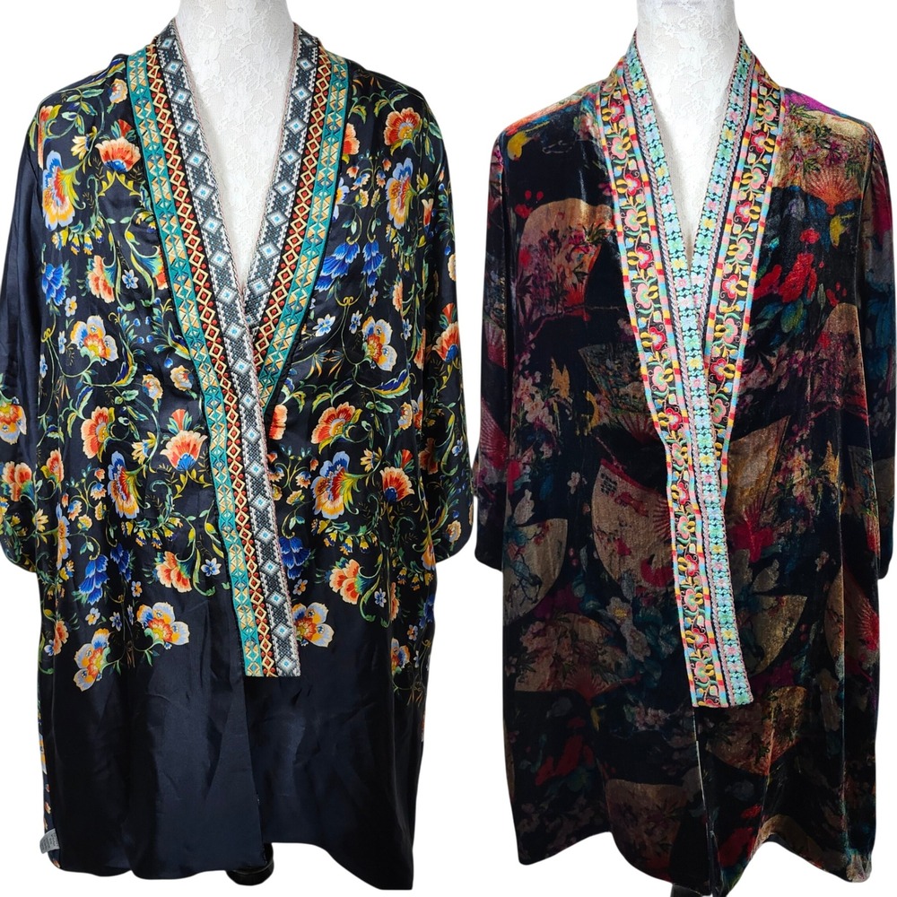 Johnny Was Reversible Silk Blend Kimono Jacket Floral Velvet Trim XS‎